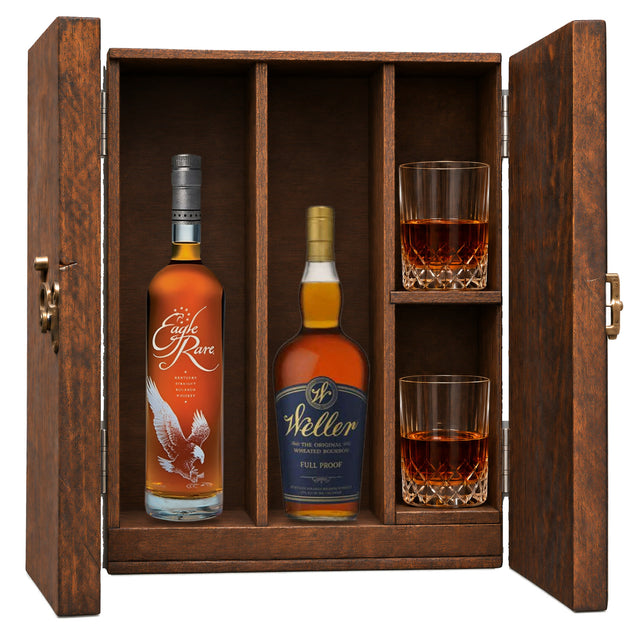 Eagle Rare 10 Year & W.L. Weller Full Proof in a wooden gift box with two crystal glasses on white