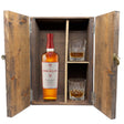 The Macallan 12 Year Sherry Oak in a fitted wooden gift box with two crystal old-fashioned glasses, studio white