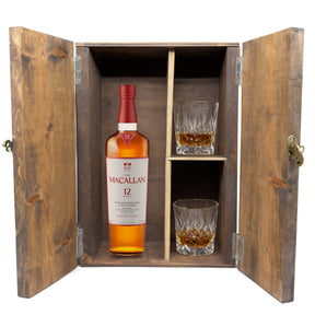 The Macallan 12 Year Sherry Oak in a fitted wooden gift box with two crystal old-fashioned glasses, studio white