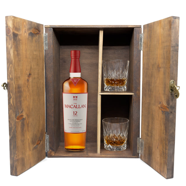 The Macallan 12 Year Sherry Oak in a fitted wooden gift box with two crystal old-fashioned glasses, studio white