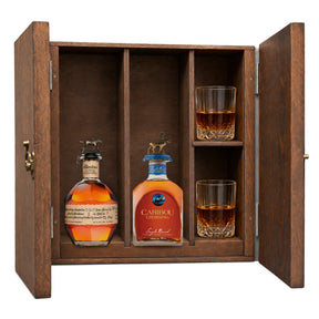 Blanton's Original Single Barrel & Caribou Crossing Single Barrel Canadian Whisky wooden gift box with 2 crystal glasses