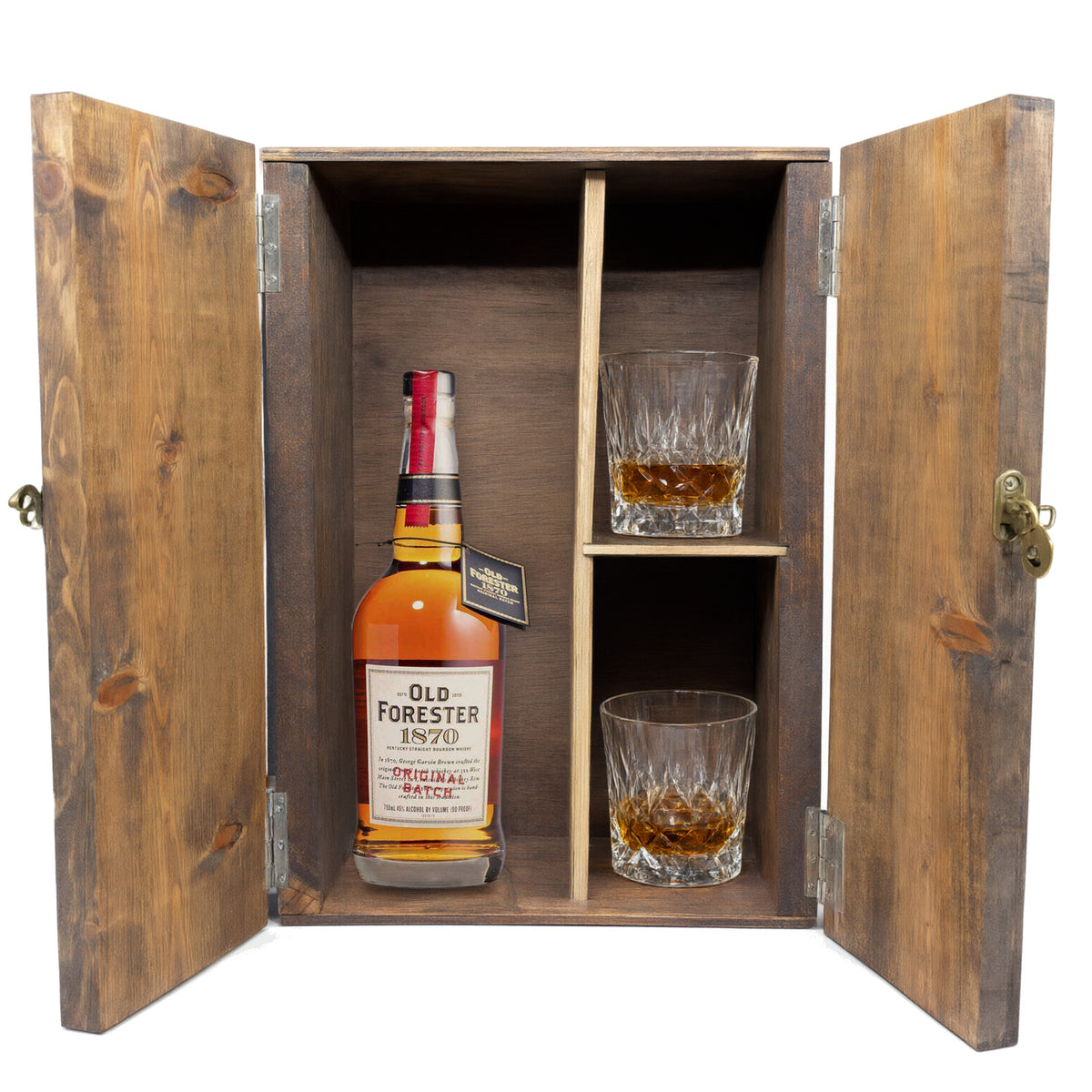 Old Forester 1870 Original Batch in a wooden gift box with two crystal glasses on white