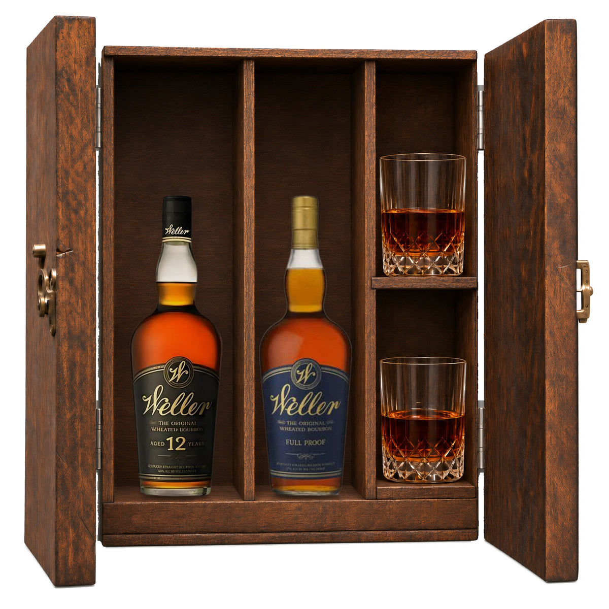 Weller 12 Year & W.L. Weller Full Proof in a wooden gift box with two crystal glasses on white
