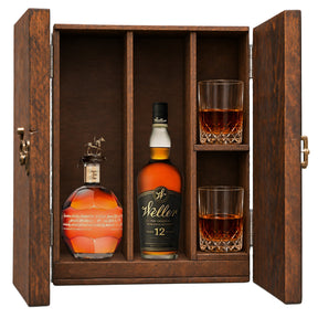 Blanton's Gold Edition & Weller 12 Year in a wooden gift box with two crystal glasses on white