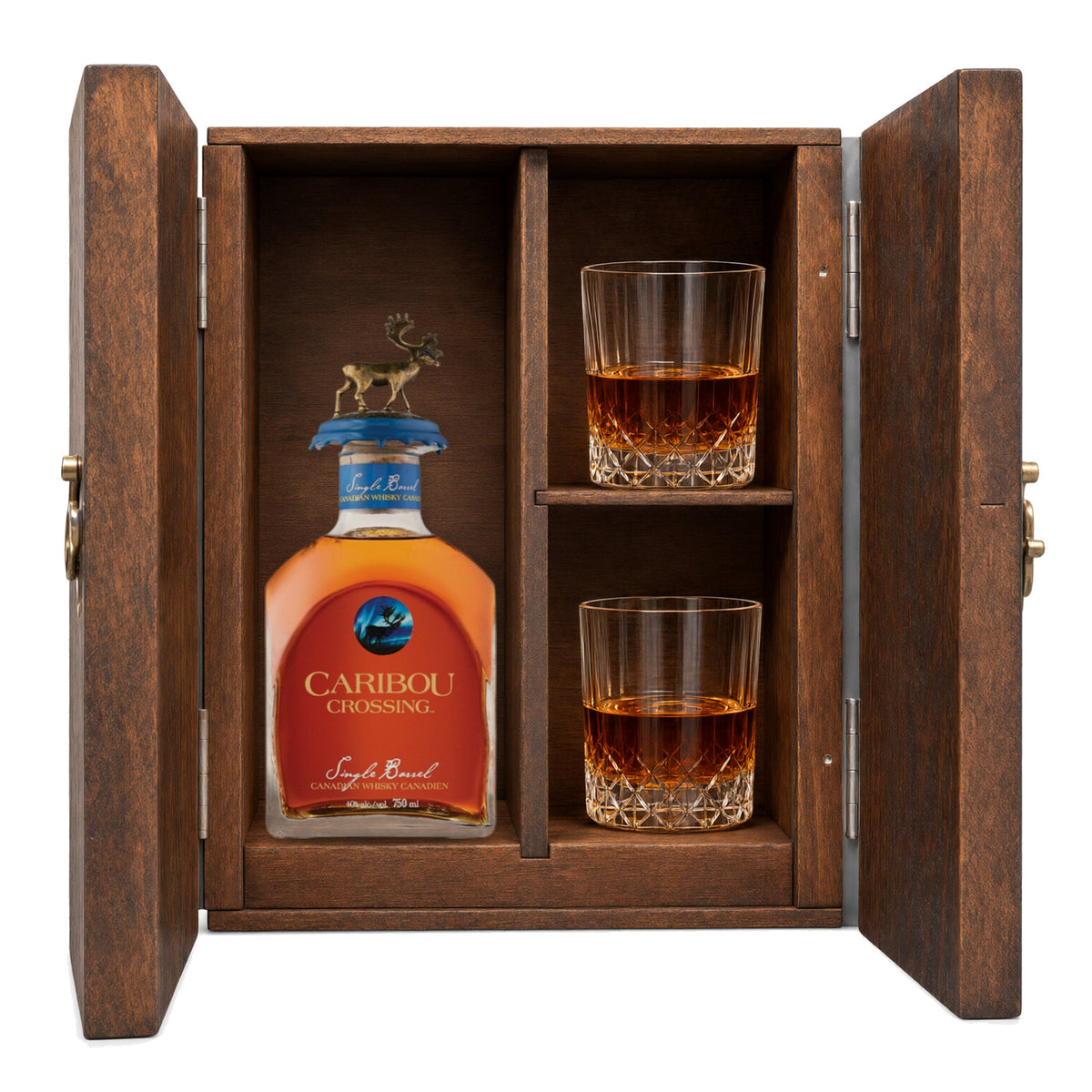 Caribou Crossing Single Barrel Canadian Whisky in a wooden gift box with two crystal glasses on white