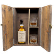 The Balvenie 12 Year DoubleWood in a wooden gift box with two crystal glasses on white