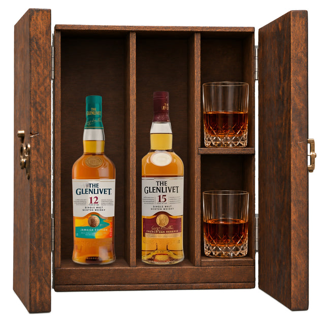 The Glenlivet 12 Year Jamaica Edition & The Glenlivet 15 Year French Oak Reserve wooden gift box with 2 glasses