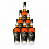 W.L. Weller 12 Year wheated bourbon — six-bottle case, black-and-gold labels, deep bronze 90-proof Kentucky straight bourbon