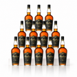 W.L. Weller 12 Year wheated bourbon — twelve-bottle case, black-and-gold labels, deep bronze 90-proof Kentucky straight bourbon