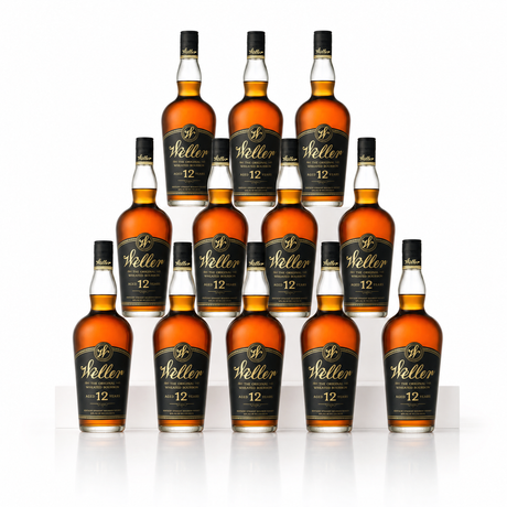 W.L. Weller 12 Year wheated bourbon — twelve-bottle case, black-and-gold labels, deep bronze 90-proof Kentucky straight bourbon