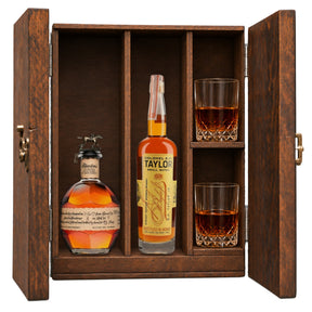 Blanton's Original Single Barrel & Colonel E.H. Taylor Small Batch Bottled in Bond wooden gift box with 2 crystal glasses