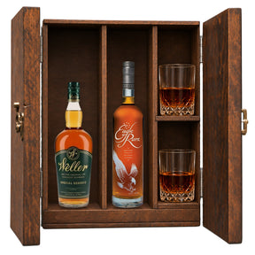 W.L. Weller Special Reserve & Eagle Rare 10 Year in a wooden gift box with two crystal glasses on white