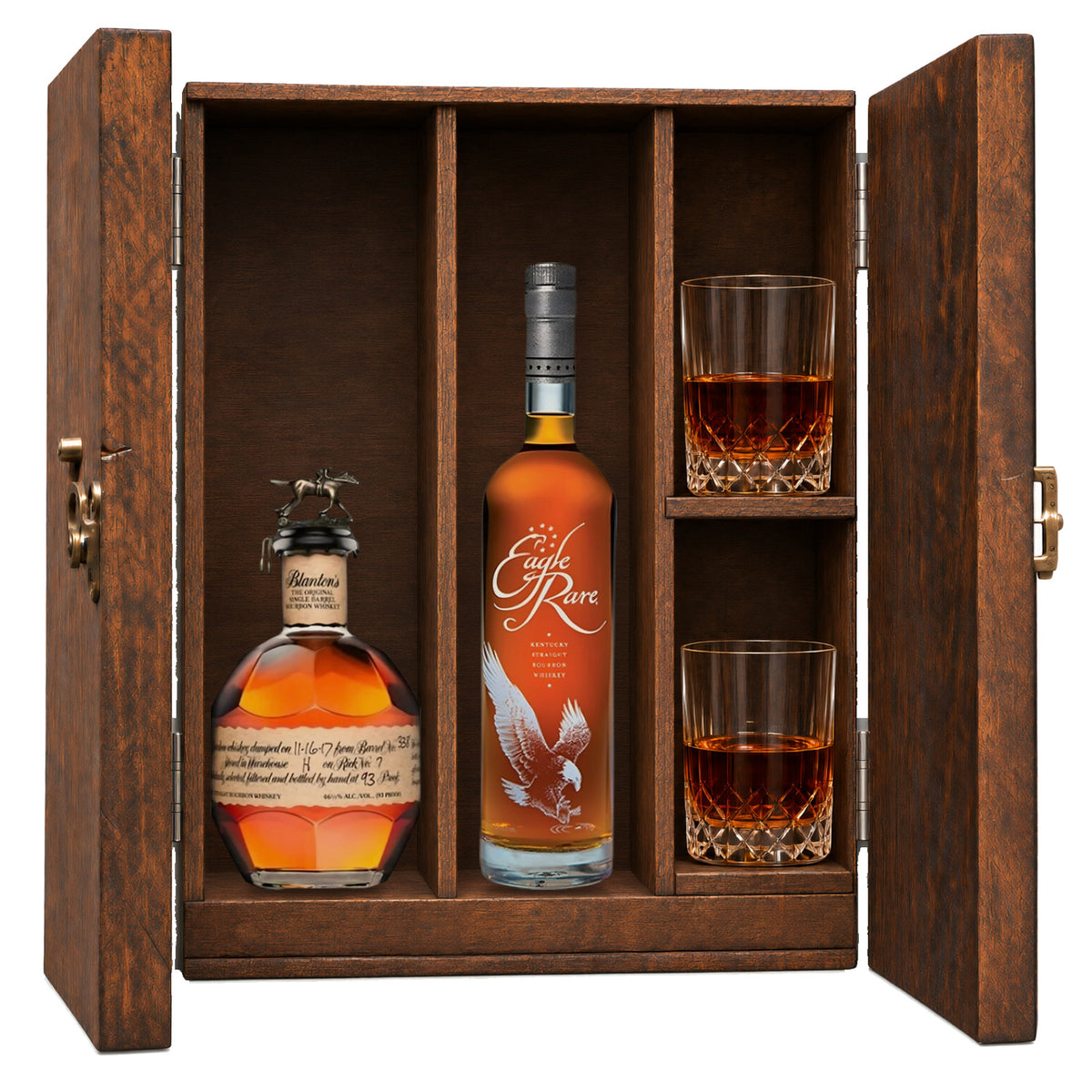 Blanton's Original Single Barrel & Eagle Rare 10 Year in a wooden gift box with two crystal glasses on white