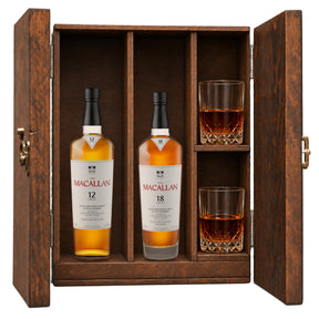The Macallan 12 Year Double Cask & The Macallan 18 Year Double Cask wooden gift box with 2 glasses