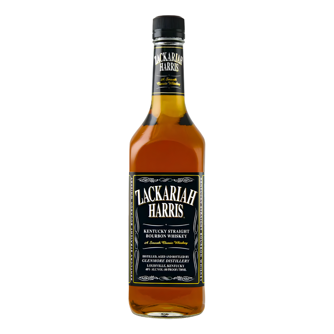 Lackariah Harris Kentucky Straight Bourbon Whiskey 750ml bourbon bottle with golden amber glass, black screw cap, and black label with white lettering and gold trim against a clean white background