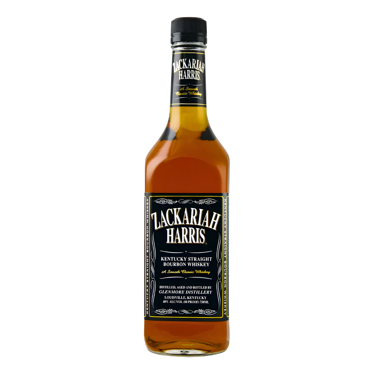 Lackariah Harris Kentucky Straight Bourbon Whiskey 750ml bourbon bottle with golden amber glass, black screw cap, and black label with white lettering and gold trim against a clean white background