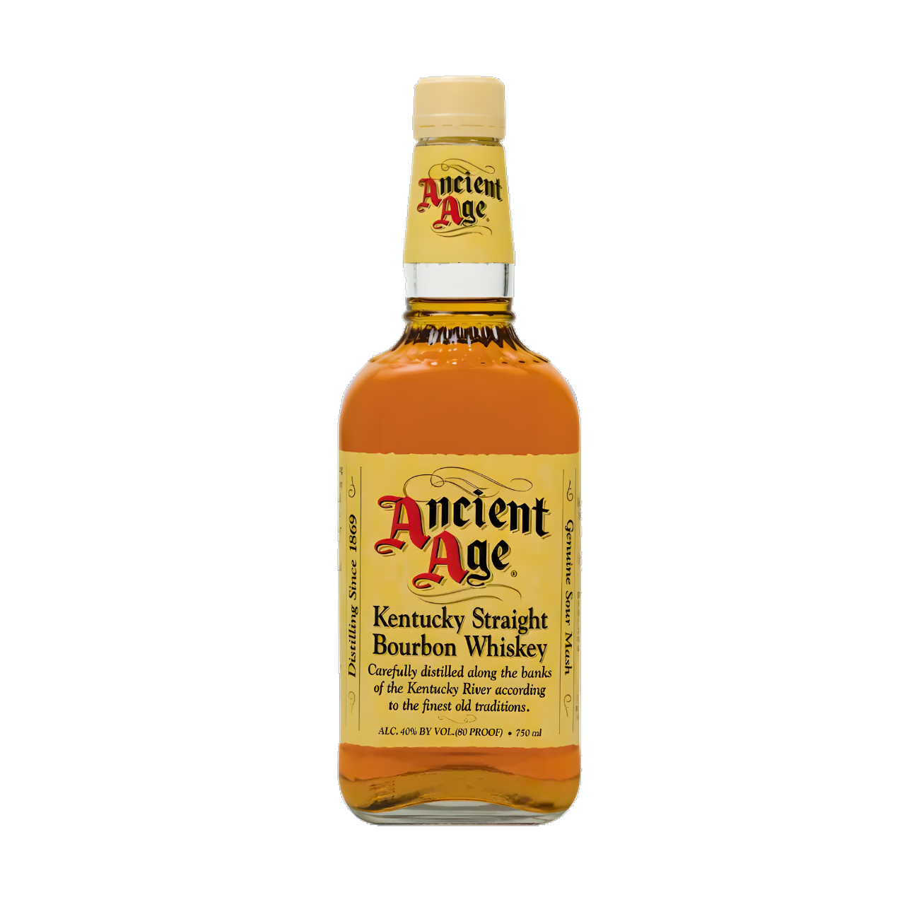 Ancient Age Kentucky Straight Bourbon Whiskey 750ml bourbon bottle with golden amber glass, cream screw cap and neck label, and cream label with red and black lettering against a clean white background