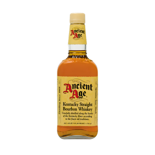 Ancient Age Kentucky Straight Bourbon Whiskey 750ml bourbon bottle with golden amber glass, cream screw cap and neck label, and cream label with red and black lettering against a clean white background