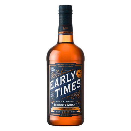 Early Times Bottled-in-Bond Kentucky Straight Bourbon Whisky 750ml bourbon bottle with rich amber glass, black screw cap with orange band, and navy blue label with bold white lettering and orange accents against a clean white background