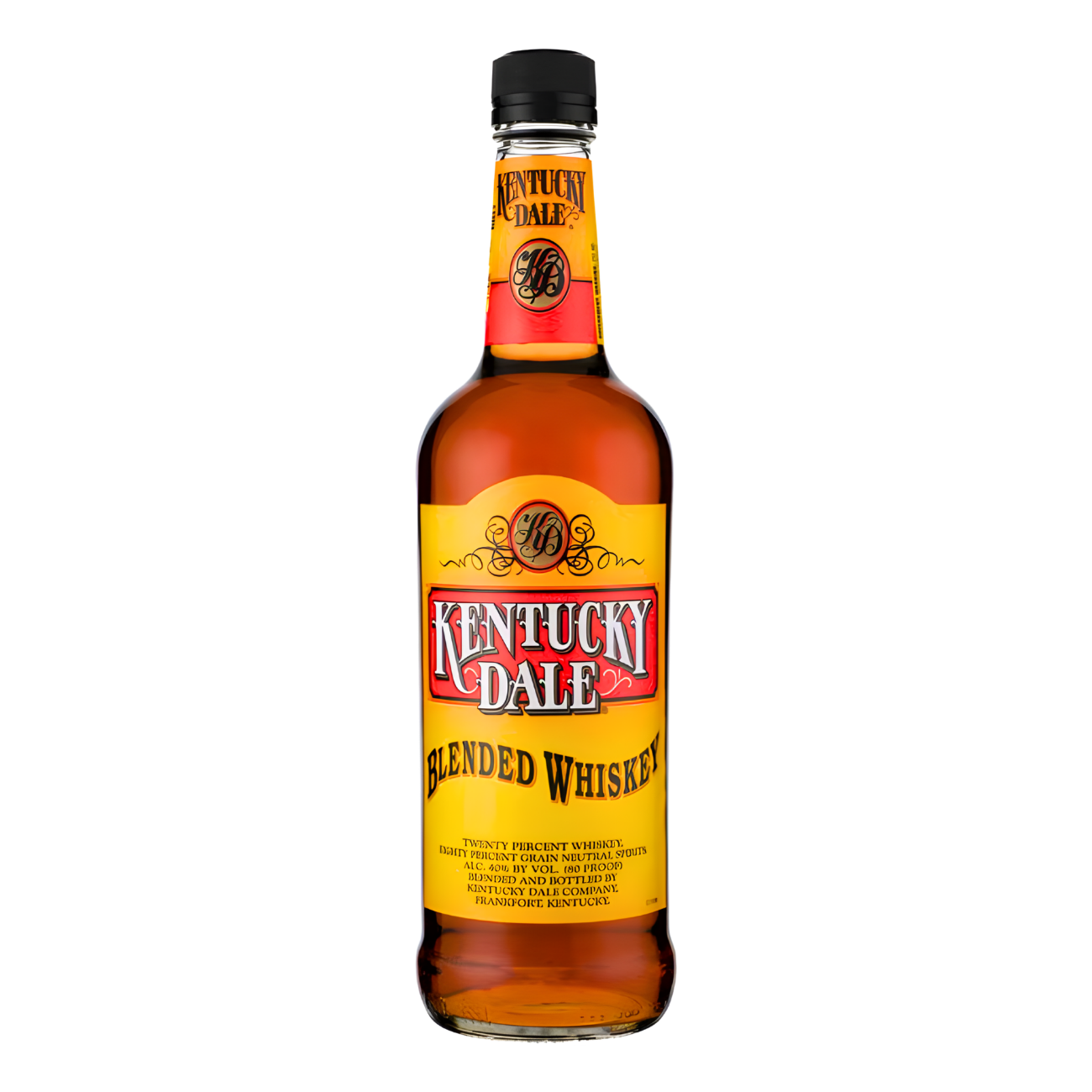Kentucky Dale Blended Whiskey 750ml whiskey bottle with rich amber glass, black screw cap, and bright yellow and red label with bold black lettering against a clean white background