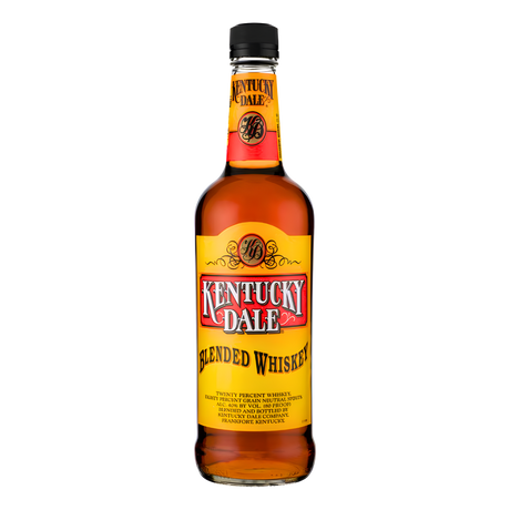 Kentucky Dale Blended Whiskey 750ml whiskey bottle with rich amber glass, black screw cap, and bright yellow and red label with bold black lettering against a clean white background