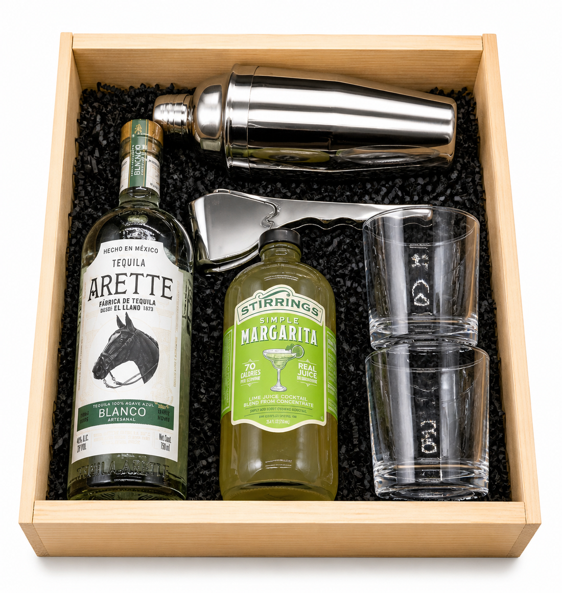 Arette Blanco Tequila Margarita gift set with Stirrings mix glasses shaker squeezer and wooden crate