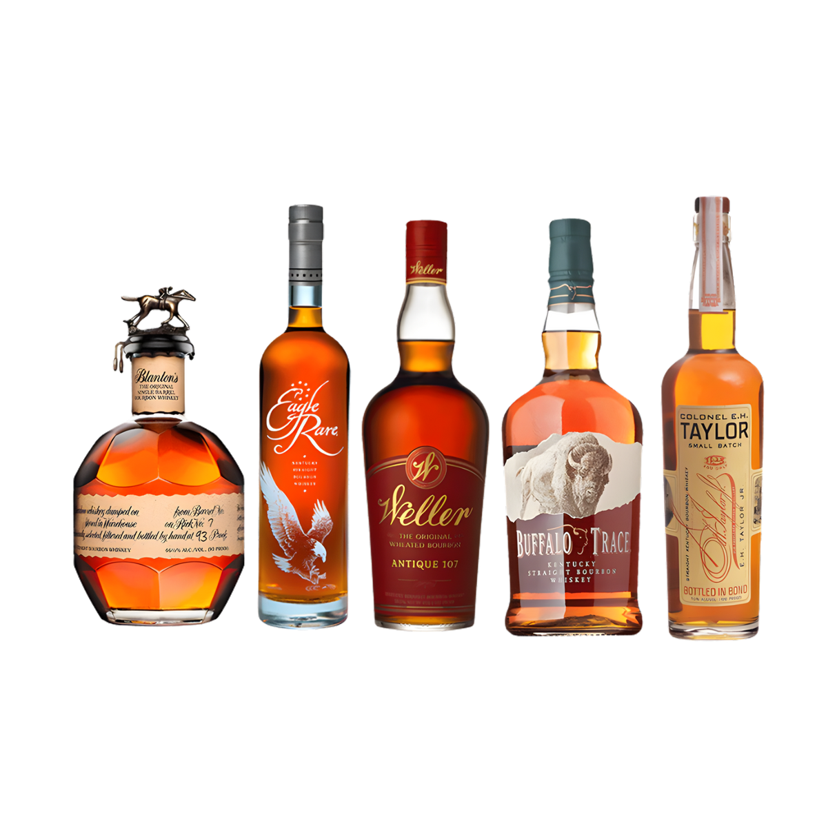 Collector bourbon bundle with Blanton's, Eagle Rare, Weller Antique 107, Buffalo Trace, and E.H. Taylor Small Batch on black background