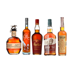 Collector bourbon bundle with Blanton's, Eagle Rare, Weller Antique 107, Buffalo Trace, and E.H. Taylor Small Batch on black background