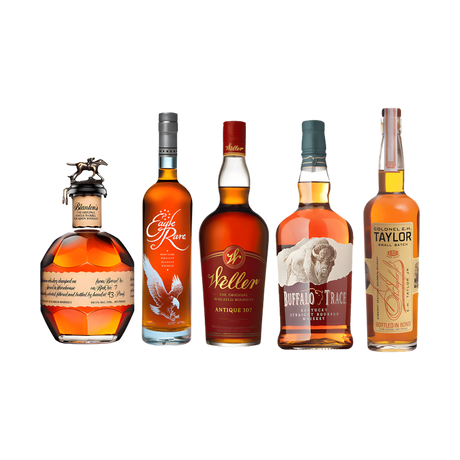 Collector bourbon bundle with Blanton's, Eagle Rare, Weller Antique 107, Buffalo Trace, and E.H. Taylor Small Batch on black background