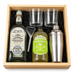 Fortaleza Blanco Tequila Margarita gift set with Stirrings mix glasses shaker squeezer and wooden crate