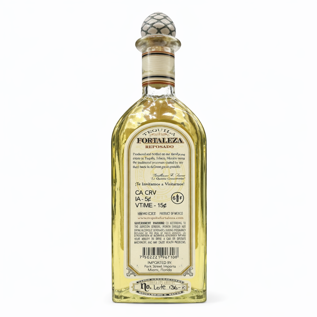Fortaleza Winter Blend Reposado Tequila 2025 collectible back bottle on white background