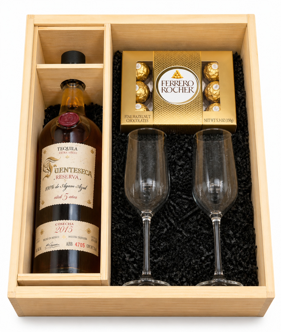 Fuenteseca Reserva 5 Year Extra Añejo tequila gift set with Ferrero Rocher glasses and wooden crate