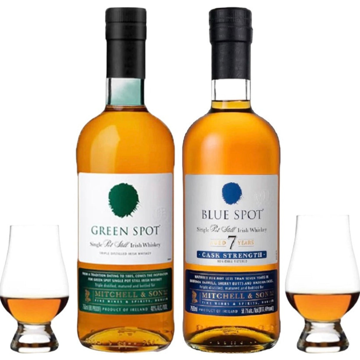 Green Spot & Blue Spot Irish Whiskey Gift Set with Glencairn Glasses 750ml