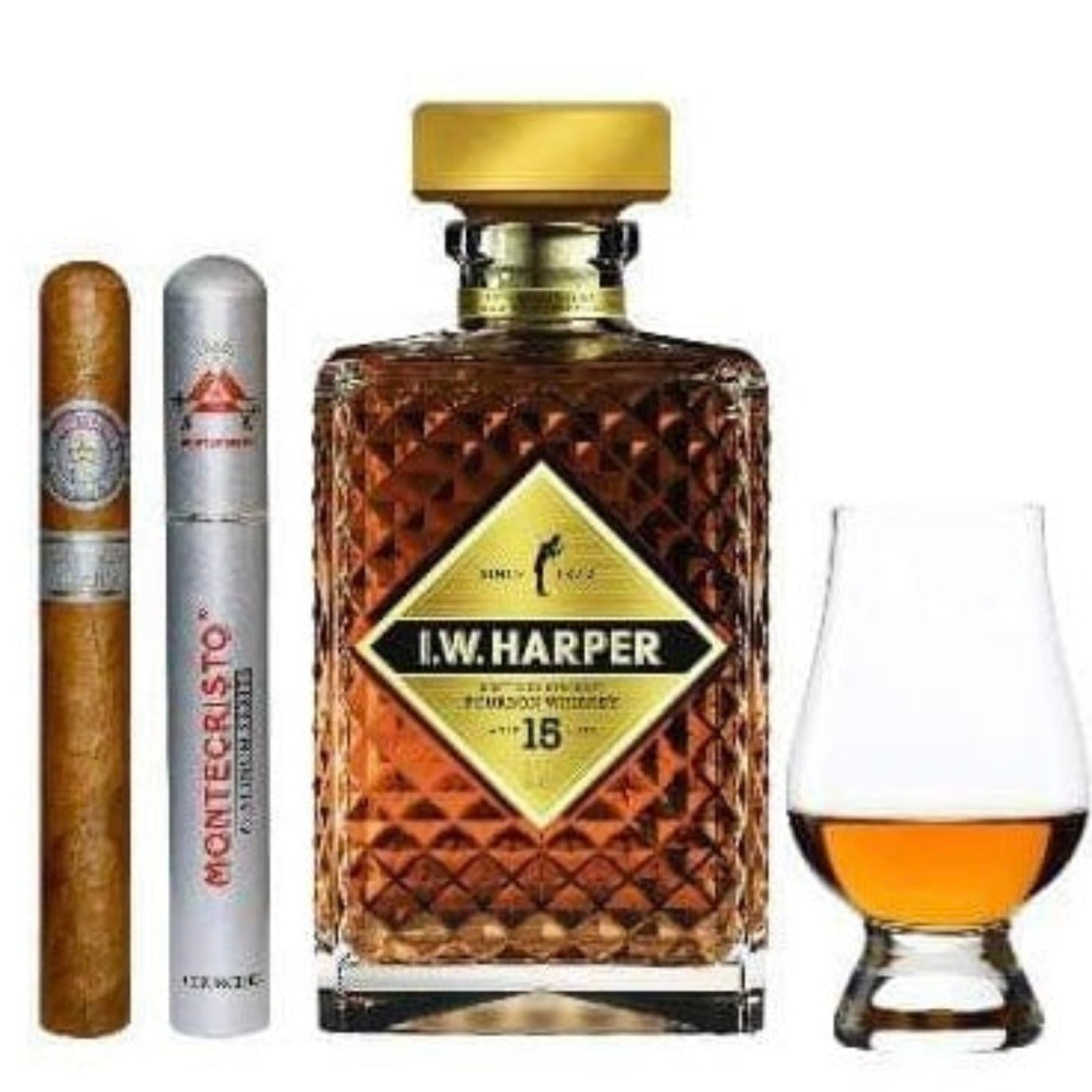 I.W. Harper 15 Year Bourbon Whiskey Gift Set with Cigar &amp; Glencairn Glass 750ml