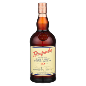 Glenfarclas 12 Year Highland Single Malt Scotch Whisky 750ml whisky bottle with deep amber glass, copper foil-wrapped cap, and cream label with red script lettering and detailed distillery illustration against a clean white background