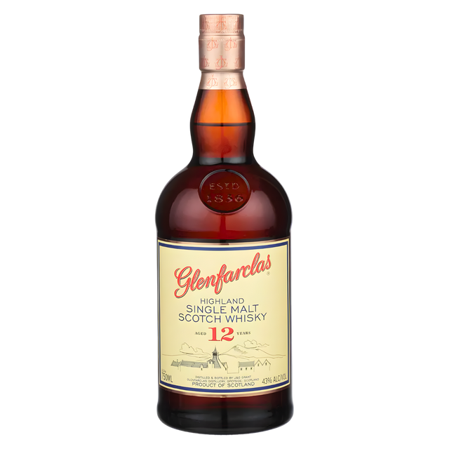 Glenfarclas 12 Year Highland Single Malt Scotch Whisky 750ml whisky bottle with deep amber glass, copper foil-wrapped cap, and cream label with red script lettering and detailed distillery illustration against a clean white background