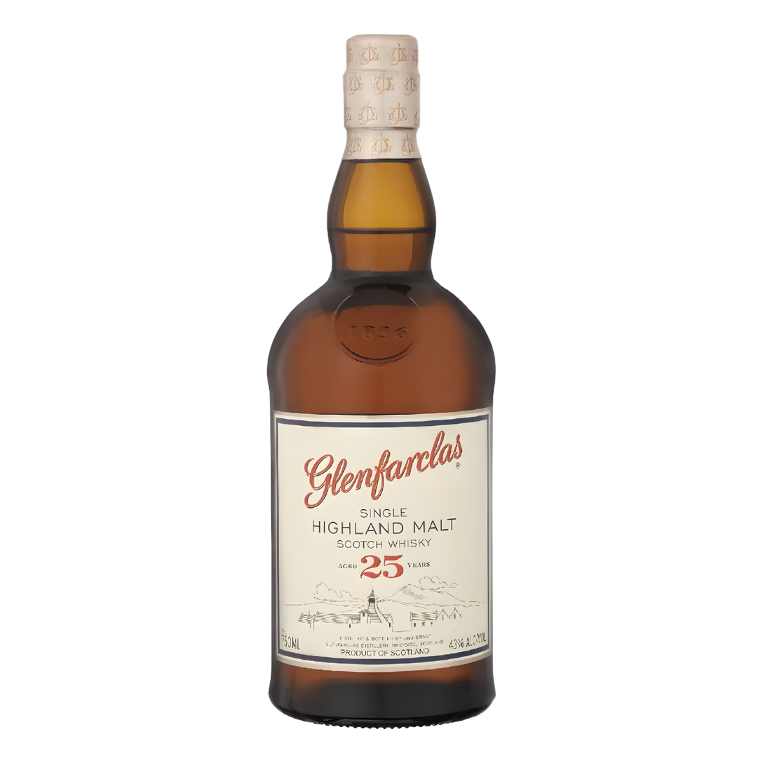 Glenfarclas 25 Year Highland Single Malt Scotch Whisky 750ml whisky bottle with deep amber glass, cream foil-wrapped cap with embossed detailing, and cream label with red script lettering and fine line distillery illustration against a clean white background