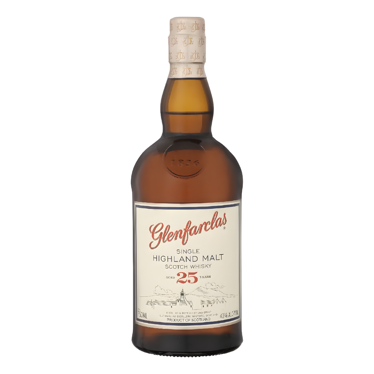 Glenfarclas 25 Year Highland Single Malt Scotch Whisky 750ml whisky bottle with deep amber glass, cream foil-wrapped cap with embossed detailing, and cream label with red script lettering and fine line distillery illustration against a clean white background