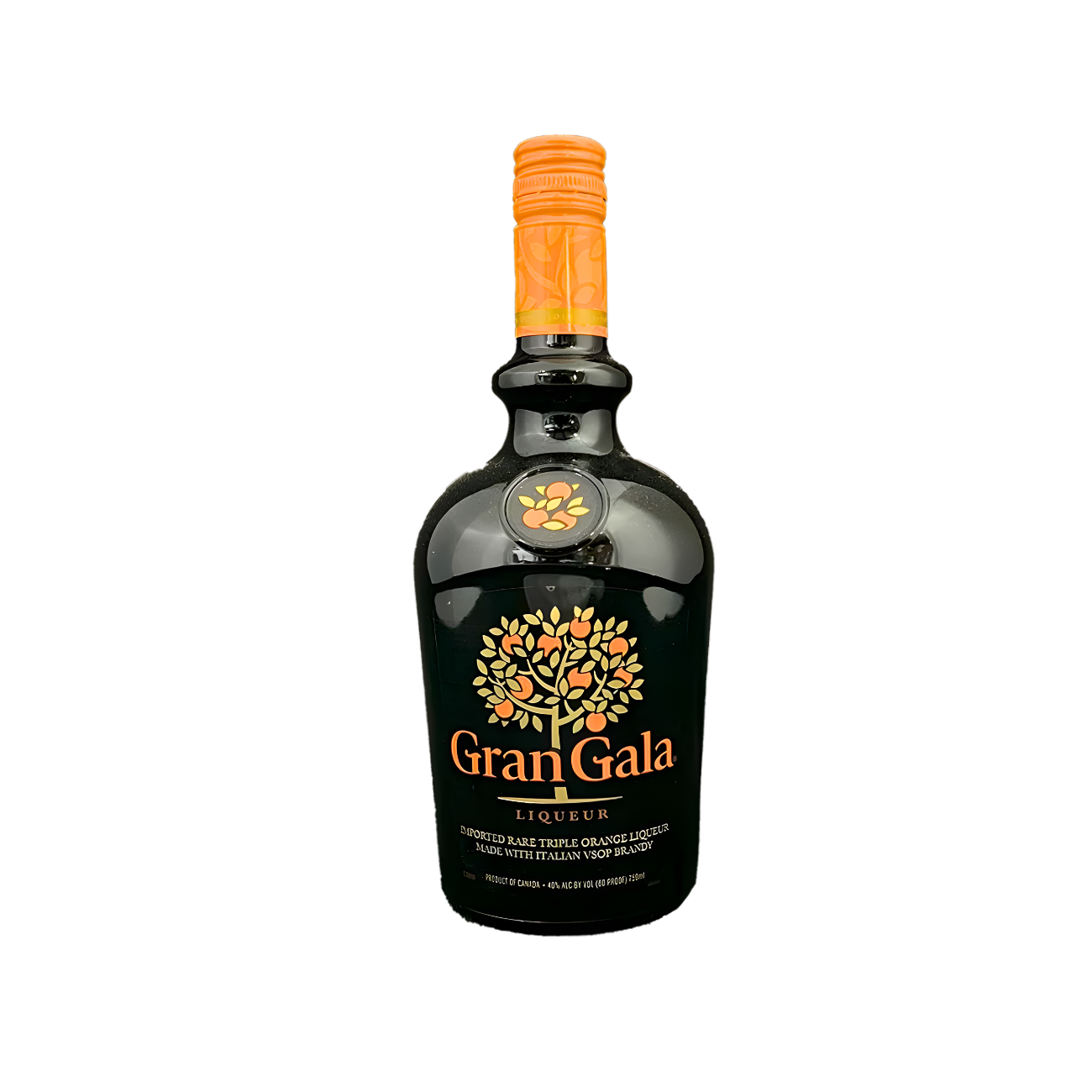 Gran Gala Orange Liqueur 750ml Italian brandy-based liqueur bottle with deep amber glass, orange screw cap and neck wrap, and black label with orange tree artwork and gold lettering against a clean white background