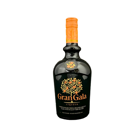 Gran Gala Orange Liqueur 750ml Italian brandy-based liqueur bottle with deep amber glass, orange screw cap and neck wrap, and black label with orange tree artwork and gold lettering against a clean white background