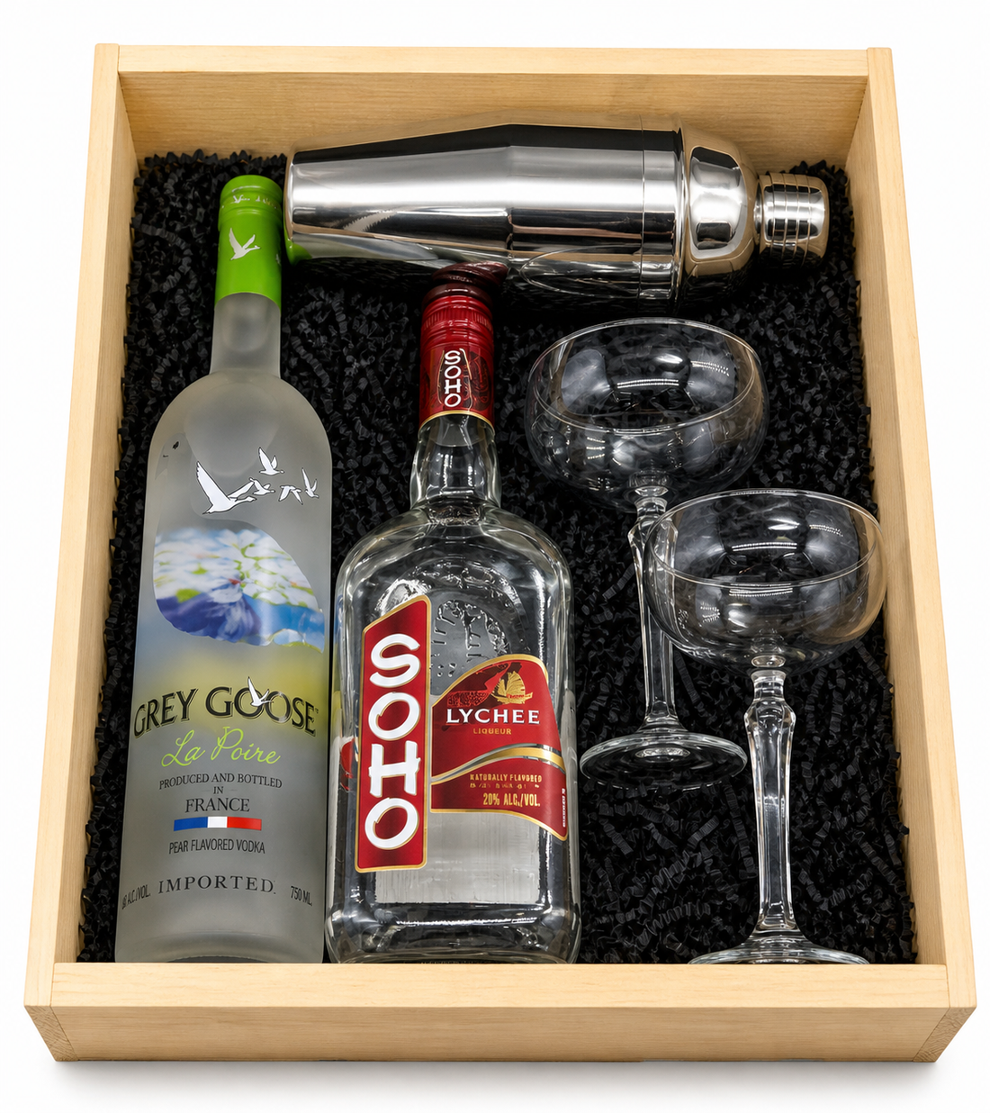 Grey Goose La Poire Skinny Lychee Martini gift set with SOHO Lychee Liqueur coupe glasses shaker and wooden crate