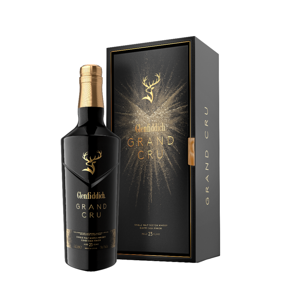 Glenfiddich Grand Cru 23 Year Old luxury Scotch bottle and collector box on black background