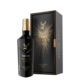 Glenfiddich Grand Cru 23 Year Old luxury Scotch bottle and collector box on black background