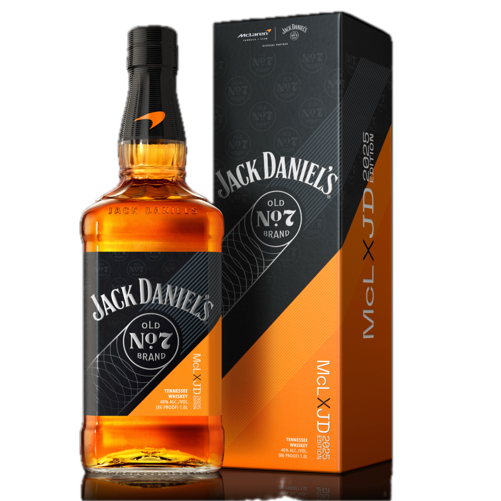 Jack Daniel’s x McLaren 2025 limited edition Tennessee whiskey bottle and box on black background