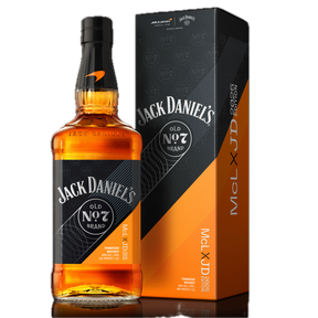 Jack Daniel’s x McLaren 2025 limited edition Tennessee whiskey bottle and box on black background