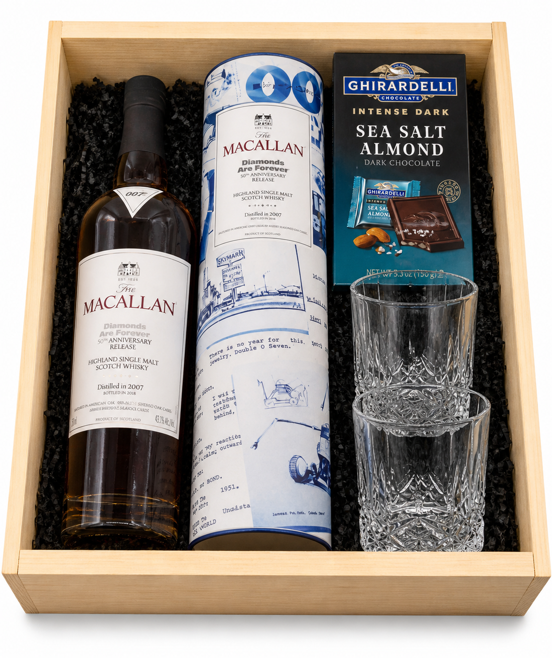 Macallan Diamonds Are Forever 18 Year Scotch gift set with presentation tube rocks glasses and Ghirardelli chocolate