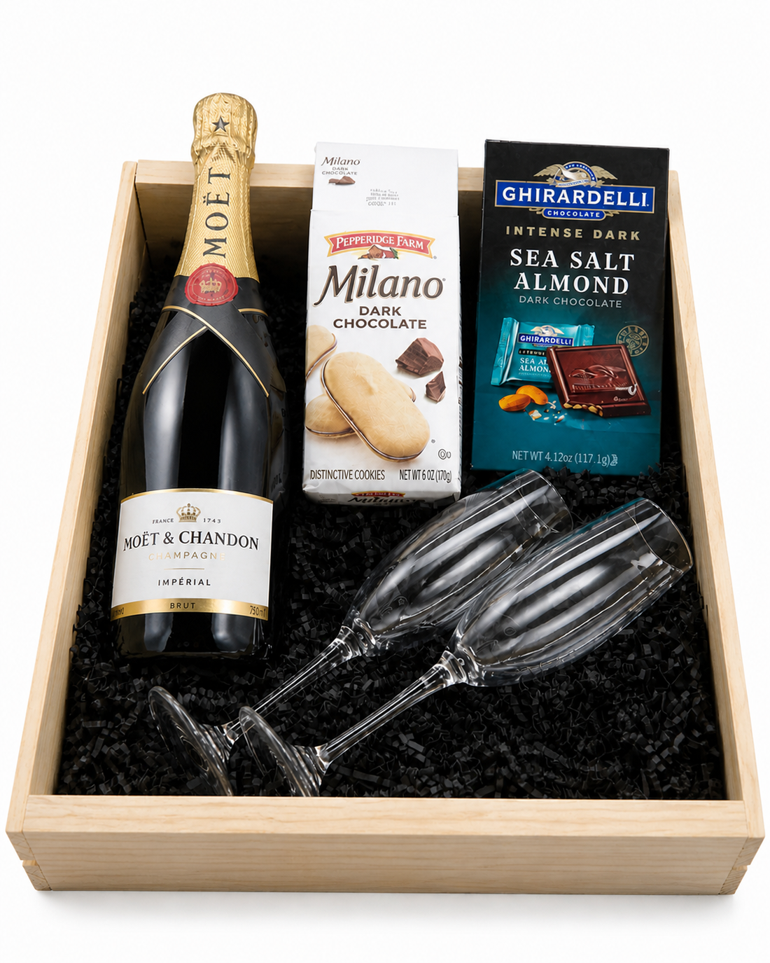 Moët &amp; Chandon Brut Impérial Champagne gift set with flutes cookies chocolate and wooden crate