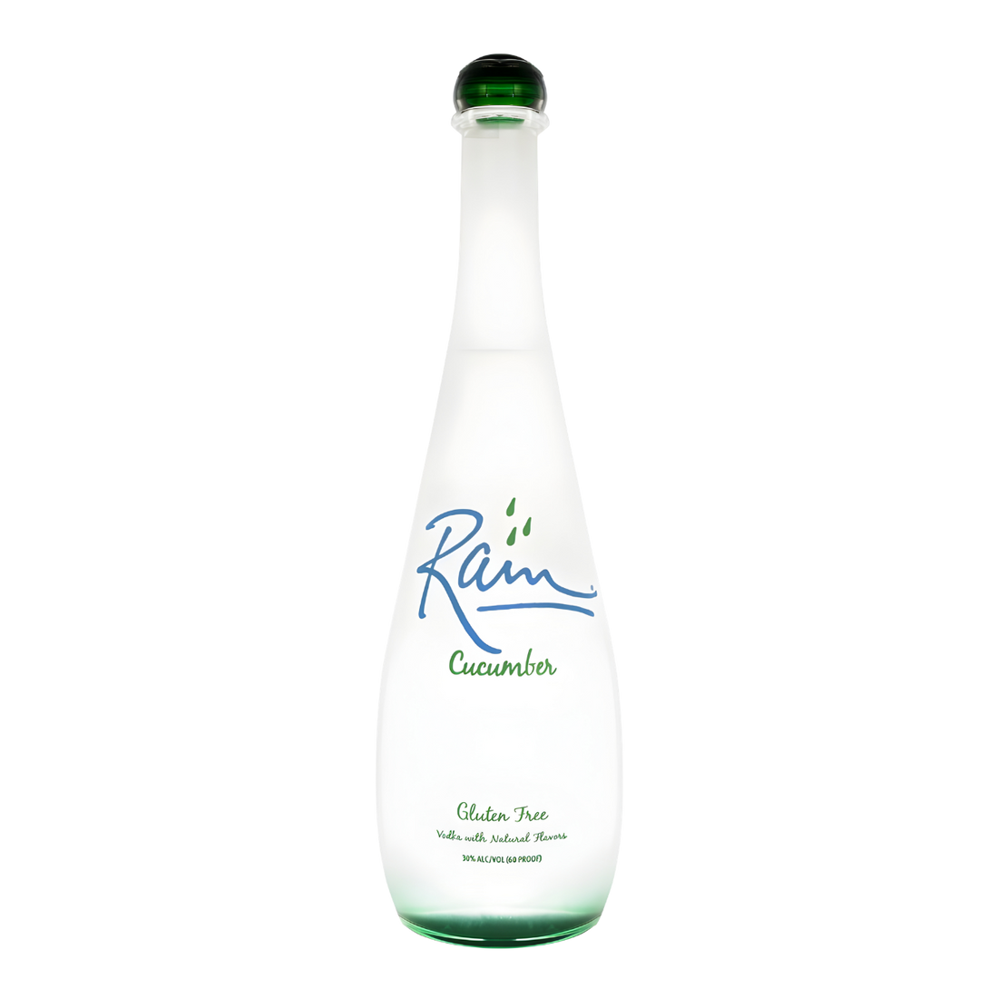 Rain Cucumber Vodka 750ml vodka bottle with frosted clear glass and green base tint, rounded green glass cap, and minimalist white label with blue and green lettering against a clean white background