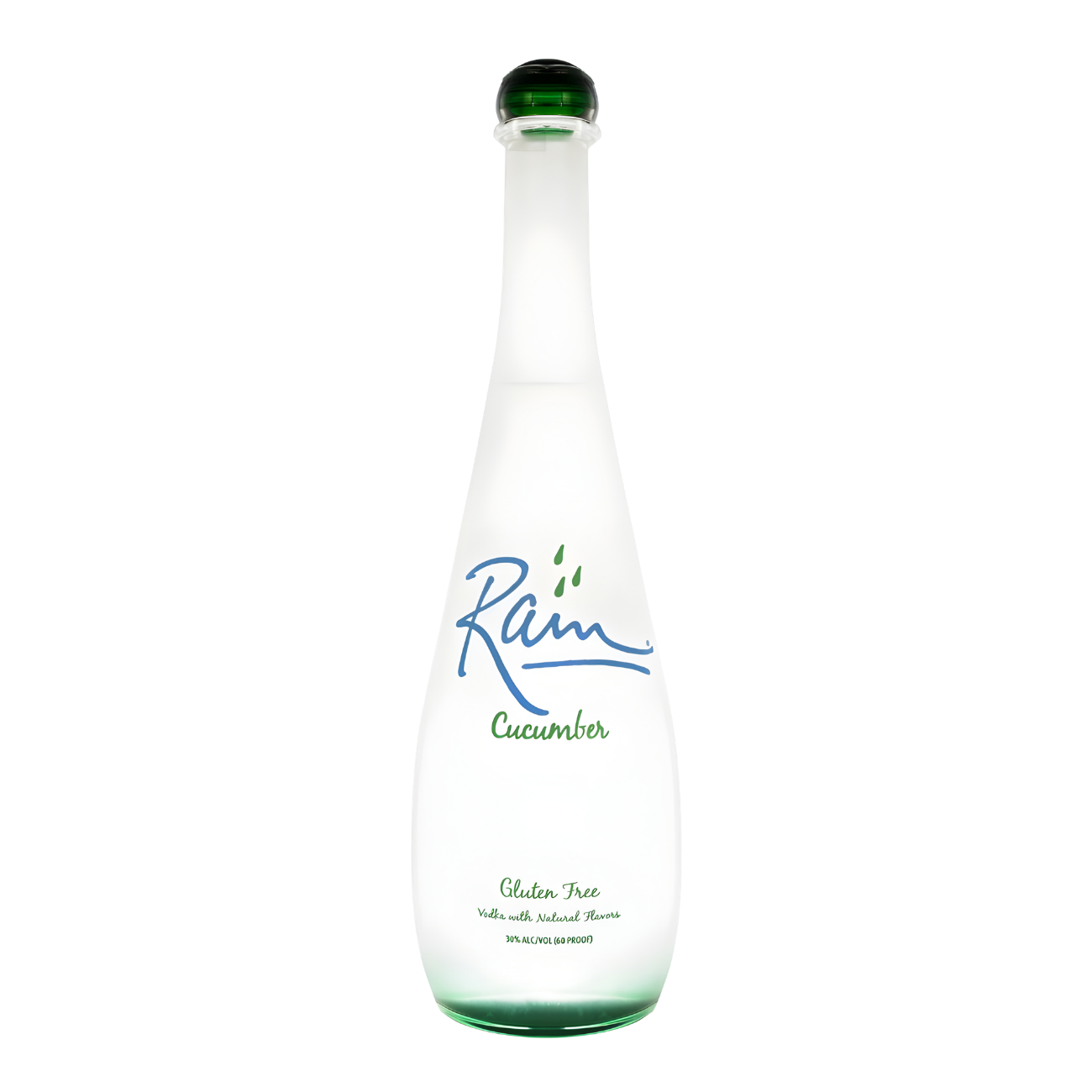 Rain Cucumber Vodka 750ml vodka bottle with frosted clear glass and green base tint, rounded green glass cap, and minimalist white label with blue and green lettering against a clean white background