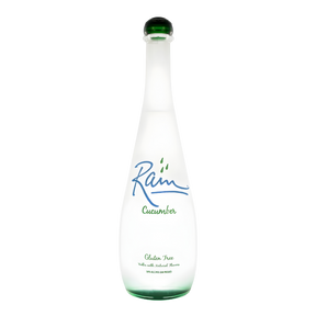 Rain Cucumber Vodka 750ml vodka bottle with frosted clear glass and green base tint, rounded green glass cap, and minimalist white label with blue and green lettering against a clean white background